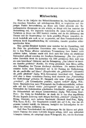 Inwiefern werden durch die Lehrpläne von 1901 dem griechischen Unterricht auf dem Gymnasium neue Ziele gewiesen und inwieweit sind Änderungen im Unterrichtsverfahren erforderlich? : [Mitbericht]