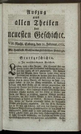 VIII. Nachl. Coburg, den 21. Februar, 1761.