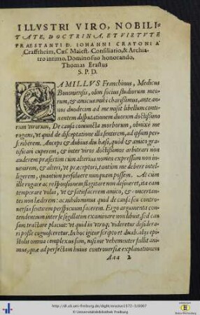 Illustri Viro, Nobilitate, Doctrina, Et Virtute Praestanti D. Iohanni Cratoni A Crafftheim …