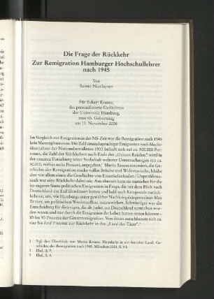 Die Frage der Rückkehr Zur Remigration Hamburger Hochschullehrer nach 1945