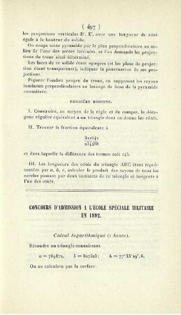 Concours d'admission a l'École Spéciale Militaire en 1892.