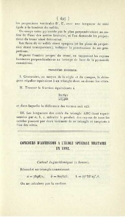 Concours d'admission a l'École Spéciale Militaire en 1892.