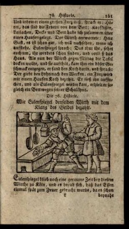 Die 76. Historie. Wie Eulenspiegel denselben Wirth mit dem Klang des Geldes bezahlt