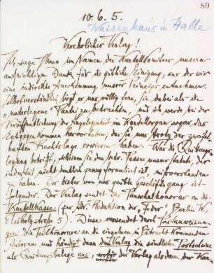 Brief an die Buchhandlung des Waisenhauses Halle a.d.S.