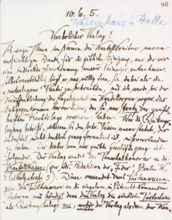 Brief an die Buchhandlung des Waisenhauses Halle a.d.S.