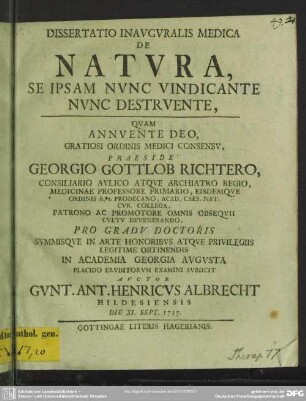 Dissertatio Inauguralis Medica De Natura, Se Ipsam Nunc Vindicante Nunc Destruente