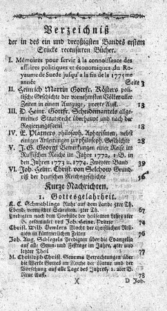 Verzeichniß der in des ein und dreyßigsten Bandes erstem Stücke recensirten Bücher.