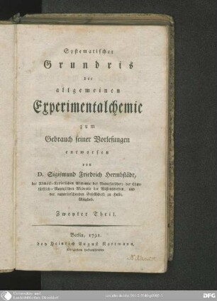 2 (1791): Systematischer Grundris der allgemeinen Experimentalchemie : zum Gebrauch seiner Vorlesungen entworfen