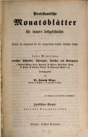 Protestantische Monatsblätter für innere Zeitgeschichte : Studien d. Gegenwart für d. evangelischen Länder deutscher Zunge. 12, 12. 1858