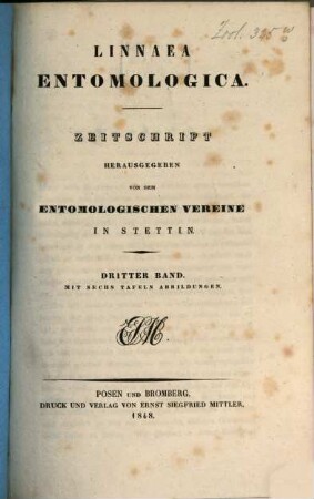 Linnaea entomologica : Zeitschrift. 3. 1848