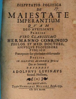 Disputatio Politica De Maiestate Imperantium