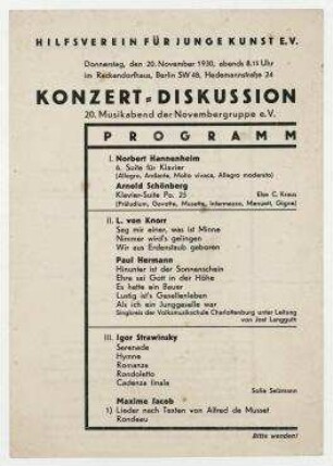 20. Musikabend der Novembergruppe, veranstaltet vom Hilfsverein für Junge Kunst e. V.. Programm