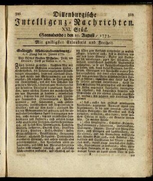 XXI. Stück. Sonnabends: den 21. August / 1773.
