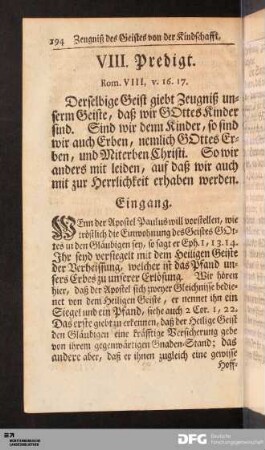 VIII. Predigt, Rom. VIII. 16. 17. Das Zeugniß des H. Geistes, von unserer Kindschafft und Seligkeit ...