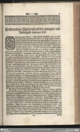 Nothwendiger Vorbericht an den geneigten und Wissenschafft-begierigen Leser