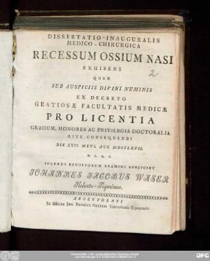 Dissertatio Inauguralis Medico-Chirurgica Recessum Ossium Nasi Exhibens