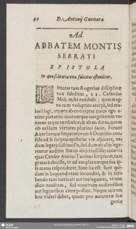 Ad Abbatem Montis Serrati Epistola. In qua solitaria vita felicitas ostenditur