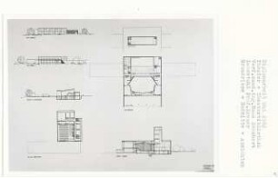 Theater und Theaterbibliothek, Berlin-Kreuzberg (Diplomarbeit bei Willy Kreuer): Bibliothek, Theater, Grundrisse Kellergeschoss, 3. Obergeschoss, Ansichten von Norden, Süden und Schnitte