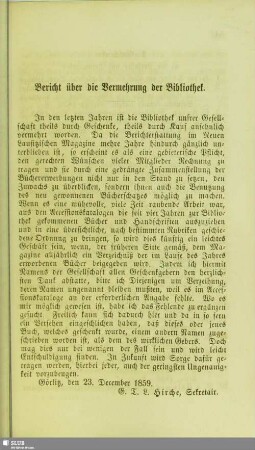 Bericht über die Vermehrung der Bibliothek