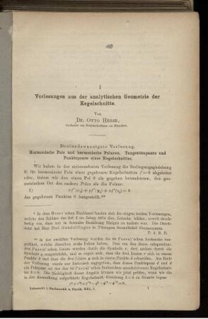 I. Vorlesungen aus der analytischen Geometrie der Kegelschnitte.