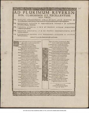 Ad Plurimum Reverendos, Clarissimos Et Excellentissimos Viros, Dn. Georgium Schoenfelderum ... Dn. Hermannum Vulteium ... Dn. Casparum Sturmium ... Dn. Johannem Goddaeum ... Dn. Hartmannum Reinigk ... Dominos & Patronos suos, summâ animi observantiâ colendos