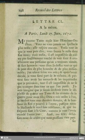 Lettre CL. A la même. A Paris, Lundi 27. Juin, 1672