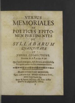 Versus Memoriales ad Poetices Epitomen Pertinentes