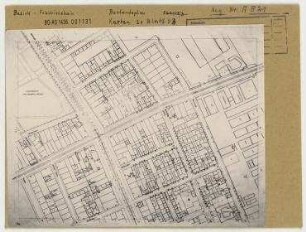 Schadenskartierung im Norden des Bezirks Friedrichshain im Dienste der Hauptverkehrsstraßenplanung. Berlin, Friedrichshain, Leninallee (vor 1950 und seit 1992 Landsberger Allee)/Bersarinstraße/Dimitroffstraße (vor dem 1950 Danziger Straße)/Kochhannstraße/Heidenfeldstraße/Ebertystraße/Weissbachstraße/Langenbeckstraße