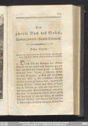 Das zweyte Buch des Moses, Exodus; hebräisch: Veelleh Schemoth.