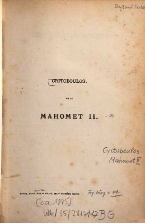Critoboulos : Vie de Mahomet II.