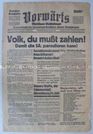 Sonderausgabe des "Vorwärts" zur Reichstagswahl im Juli 1932