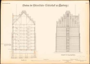 Bibliothek der Philipps-Universität Marburg: Querschnitt und Giebelansicht 1:100