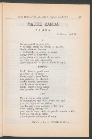 Madre zamba : Zamba. - Editorial Lagos