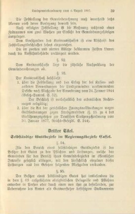 Dritter Titel. Selbständige Gutsbezirke im Regierungsbezirke Cassel