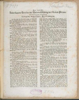 Der deutsche Vaterlands-Verein zur Unterstützung der freien Presse und die dagegen erlassenen königlich baierischen Verfügungen