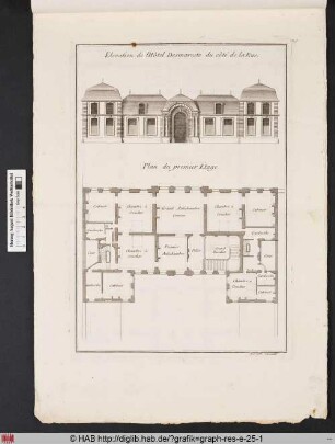 Elevation de l'Hôtel Desmarests du côté de la Rue; Plan de premier Étage.