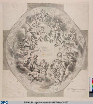 Entwurf für ein ovales Deckengemälde: Wolkenring mit Allegorien der vier Jahreszeiten umgeben von den Sternzeichen