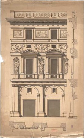 Hofmann, Theobald; Palazzo dell Aquila, Bauaufnahme - Teilgrundriss, Detail, Schnitte