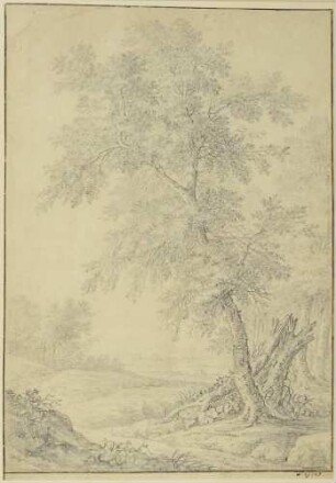 Landschaft mit großem Baum rechts