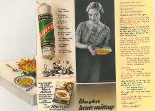 Werbeblatt "Was gibt's heute mittag?" für Knorr-Gretchen-Suppe und Erbswurst