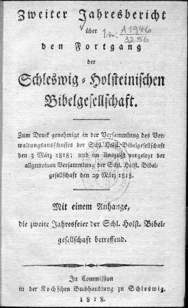 2.1818: Jahresbericht über den Fortgang der Schleswig-Holsteinischen Bibelgesellschaft