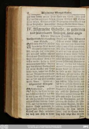 IV. Allgemeine Gebethe, in gemeinen und sonderbaren Anliegen, samt angeführten Psalmen Davids.