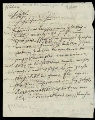Brief von Johann Hübner an Christoph Enoch Buchta