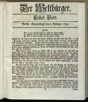 Erstes Blatt. Berlin, Donnerstags den 2. Februar 1741.