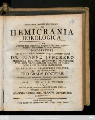 Dissertatio Medica Inavgvralis De Hemicrania Horologica