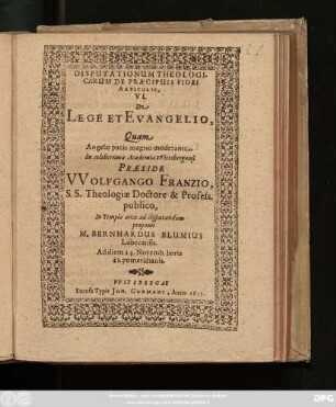 Disputationum Theologicarum De Praecipuis Fidei Articulis, VI. De Lege Et Evangelio