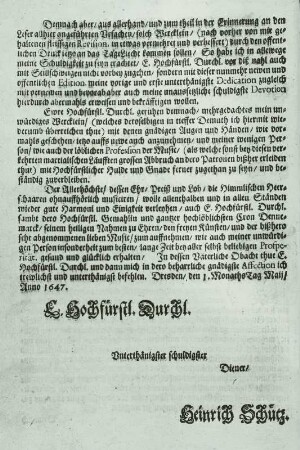 Schütz, Heinrich: Symphoniae sacrae, Teil II op. 10 : Schütz, Heinrich: Symphoniae sacrae, Teil II op. 10. Zweite Seite der Widmung an Christian V. im Stimmbuch Prima vox. Dresden: Gimel Bergen Erben, 1647. Buchdruck; 26,8 x 18,7 cm. Dresden: SLUB Mus.1479-E-2