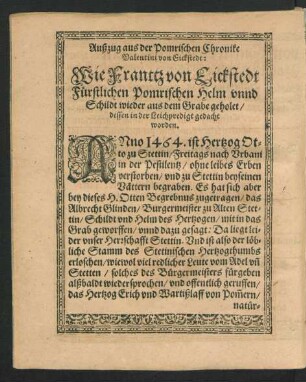 Außzug aus der Pomrischen Chronike Valentini von Eickstedt ...