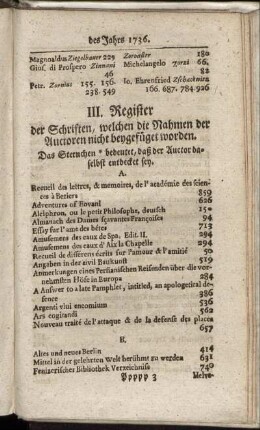 III. Register der Schriften, welchen die Nahmen der Auctoren nicht beygefüget worden.