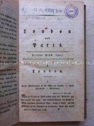 Zeitschrift mit Kupferstichen. 3.-4. Stück in einem Band. Monatsbericht No. XII. 1806, No. I. 1807, No. II. 1807